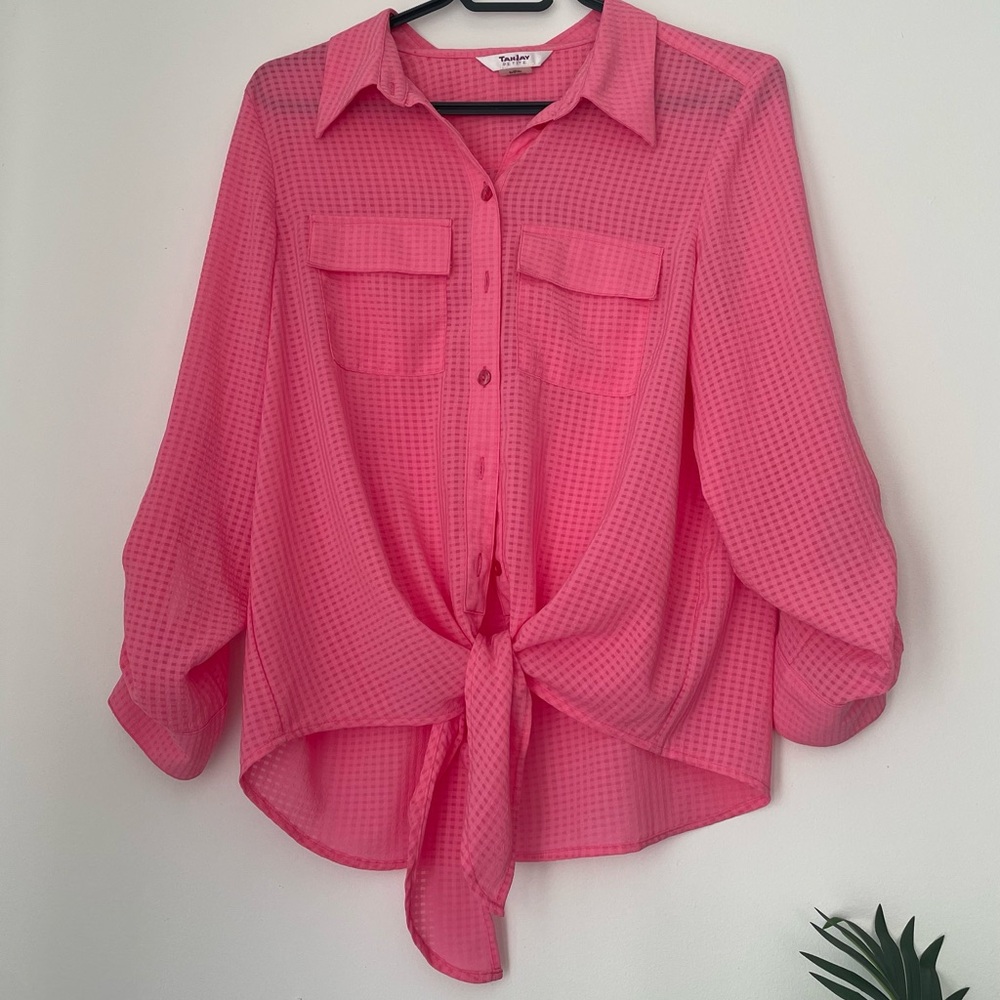 TanJay Hot Pink Tie-Front Button Down Shirt